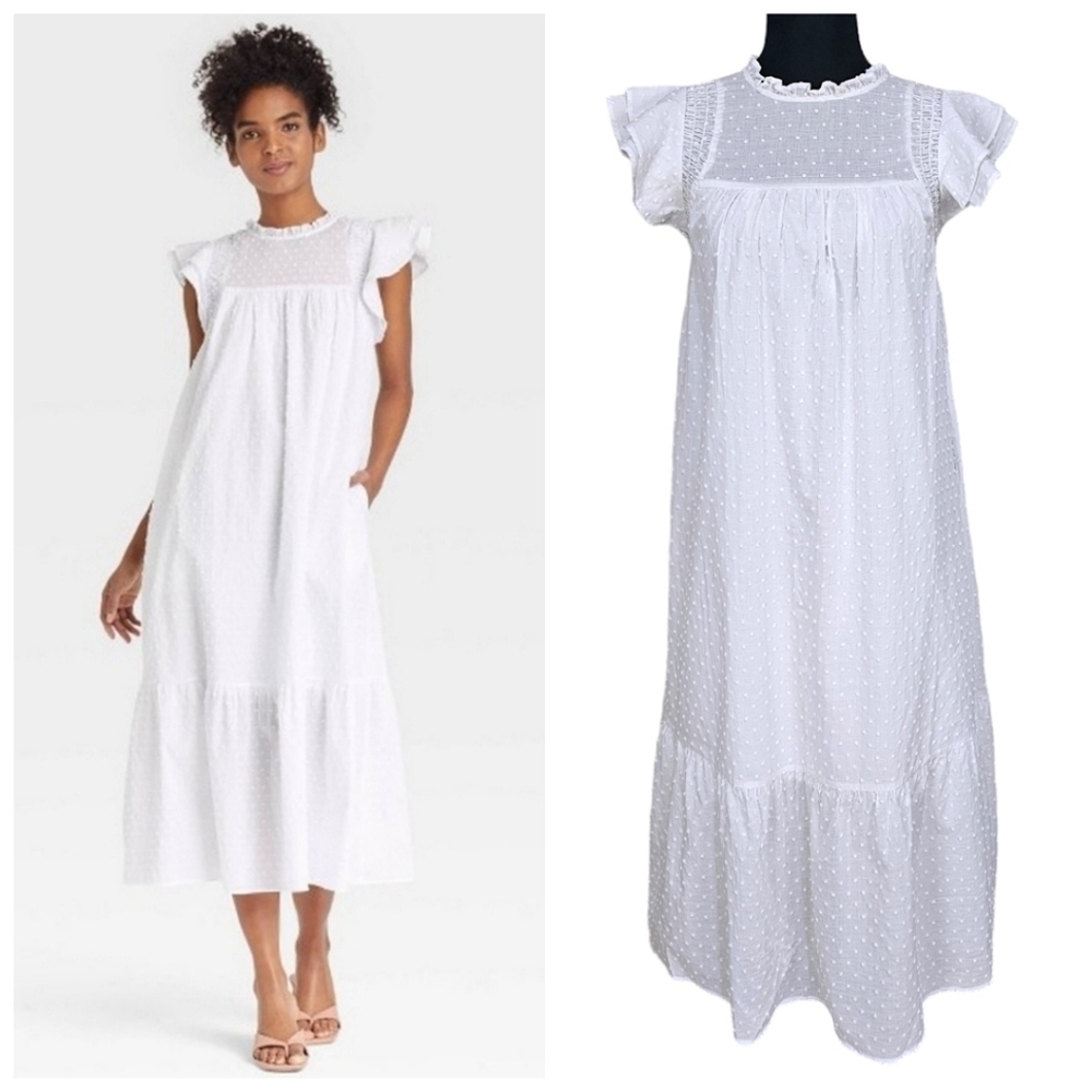 NWT Who What Wear Boho White Clip Dot Dress Peasant Cottagecore Fairycore XS